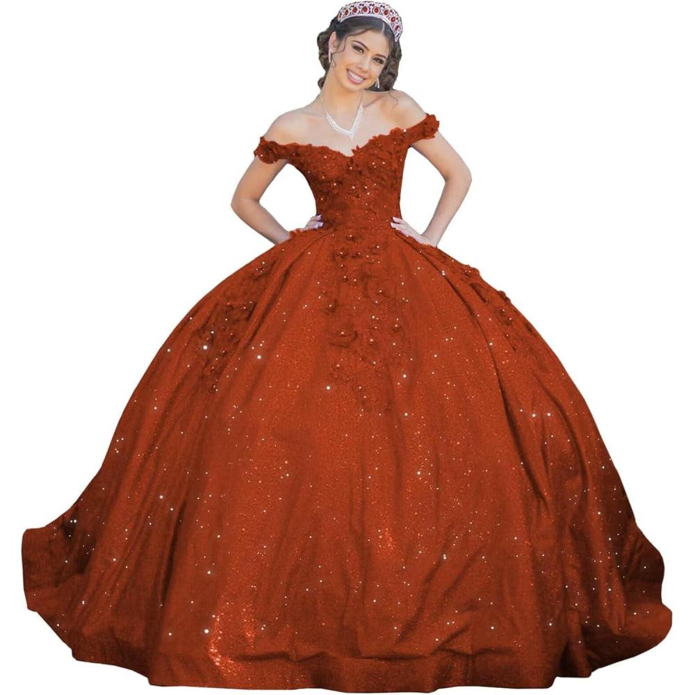 imageYoujiayi Womens 3D Floral Quinceanera Dresses Long Puffy Tulle Ball Gowns Off Shoulder Prom Dress YJY69Burnt Orange