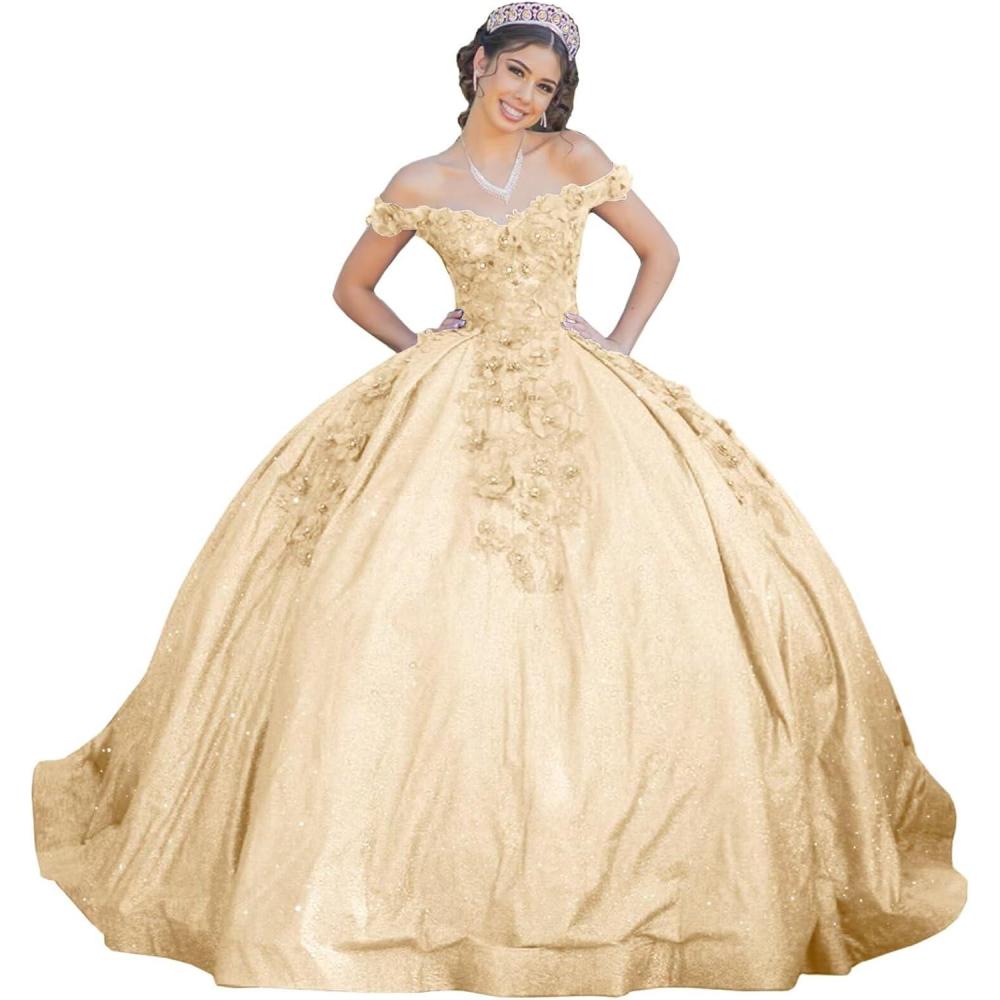 imageYoujiayi Womens 3D Floral Quinceanera Dresses Long Puffy Tulle Ball Gowns Off Shoulder Prom Dress YJY69Champagne
