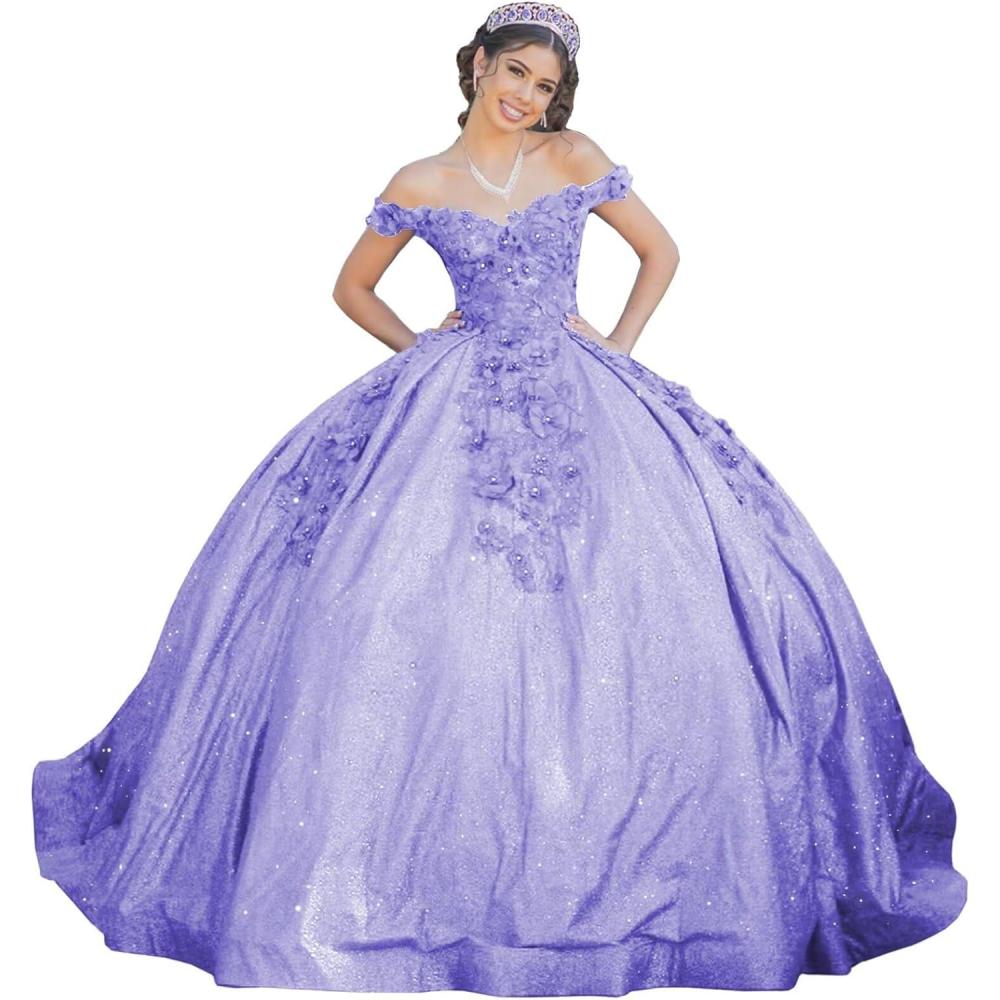 imageYoujiayi Womens 3D Floral Quinceanera Dresses Long Puffy Tulle Ball Gowns Off Shoulder Prom Dress YJY69Dark Lavender