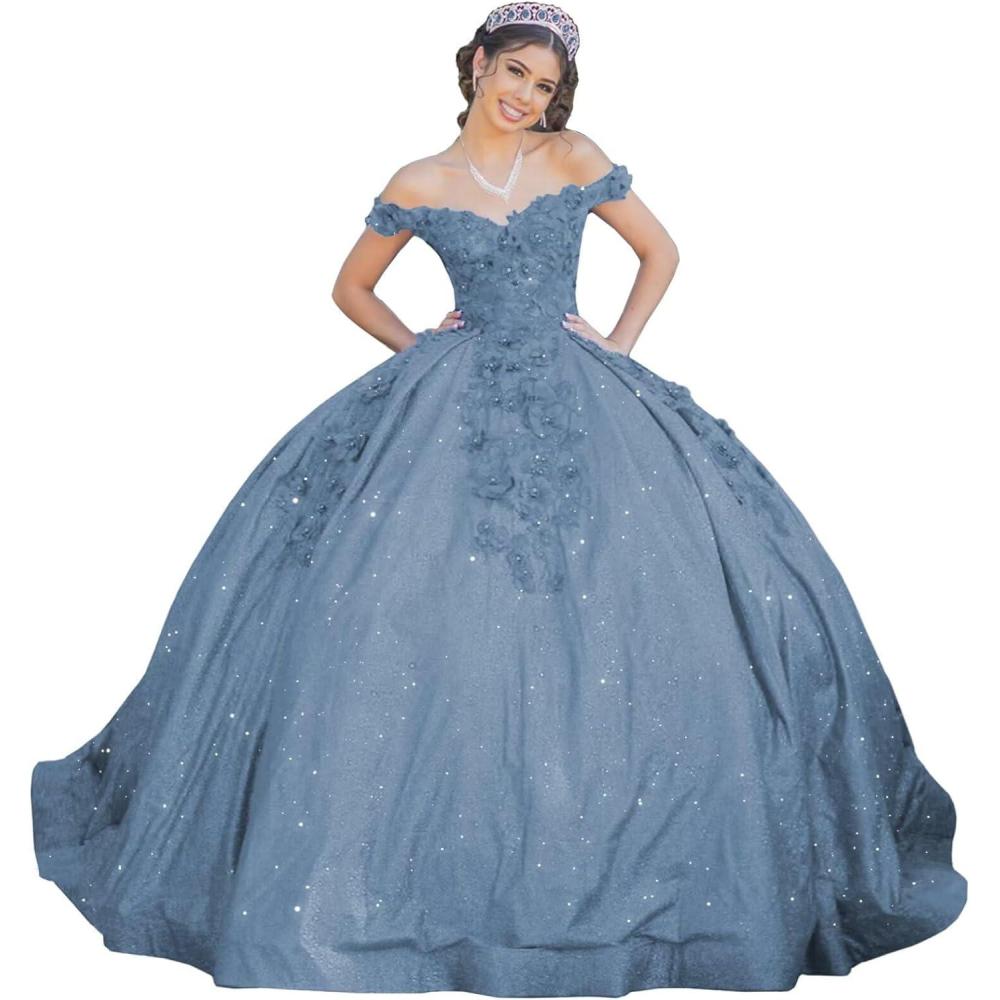 imageYoujiayi Womens 3D Floral Quinceanera Dresses Long Puffy Tulle Ball Gowns Off Shoulder Prom Dress YJY69Dusty Blue