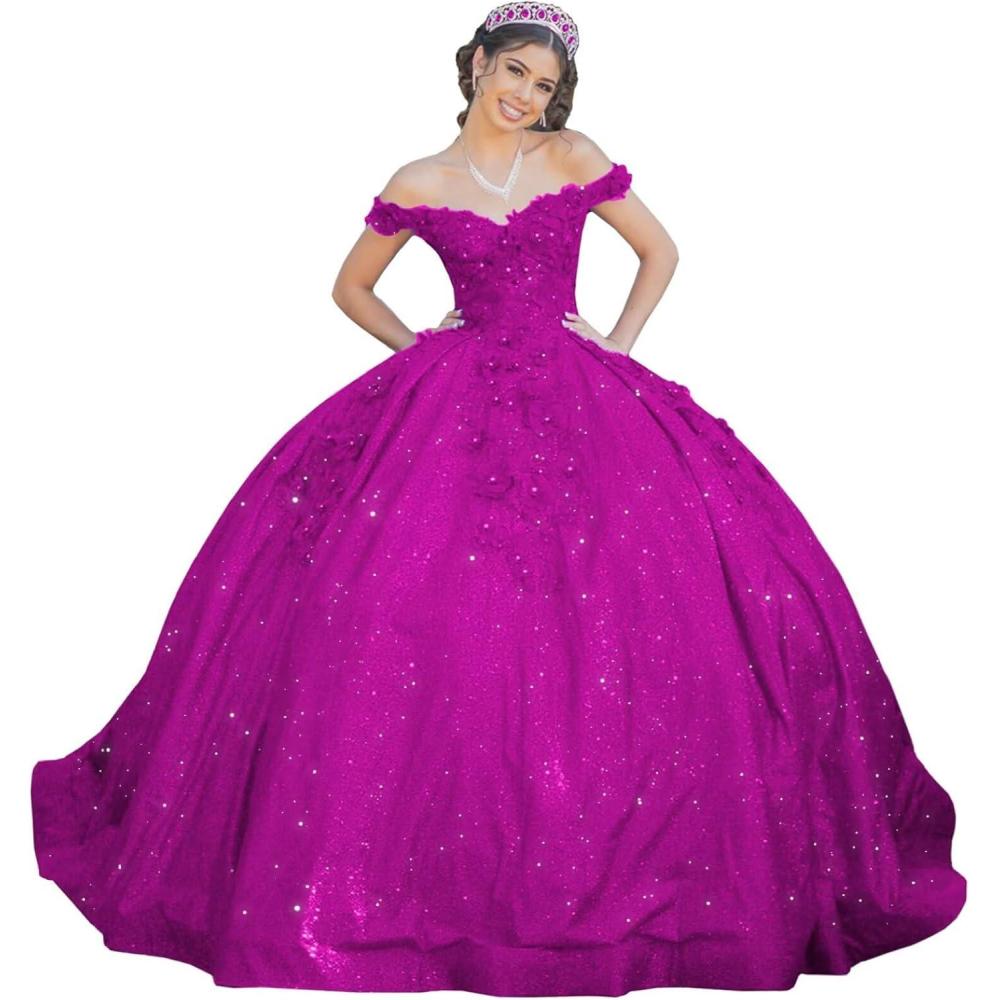 imageYoujiayi Womens 3D Floral Quinceanera Dresses Long Puffy Tulle Ball Gowns Off Shoulder Prom Dress YJY69Fuchsia