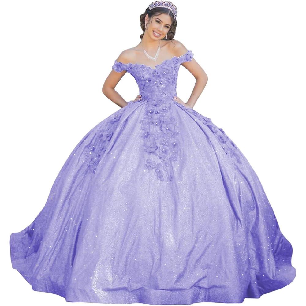 imageYoujiayi Womens 3D Floral Quinceanera Dresses Long Puffy Tulle Ball Gowns Off Shoulder Prom Dress YJY69Lavender