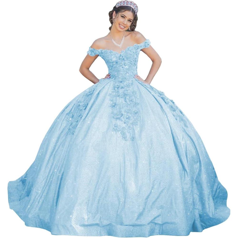 imageYoujiayi Womens 3D Floral Quinceanera Dresses Long Puffy Tulle Ball Gowns Off Shoulder Prom Dress YJY69Light Blue