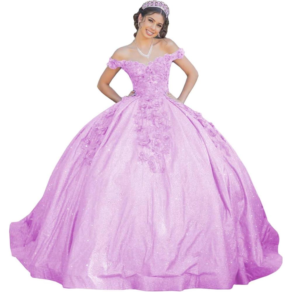imageYoujiayi Womens 3D Floral Quinceanera Dresses Long Puffy Tulle Ball Gowns Off Shoulder Prom Dress YJY69Lilac
