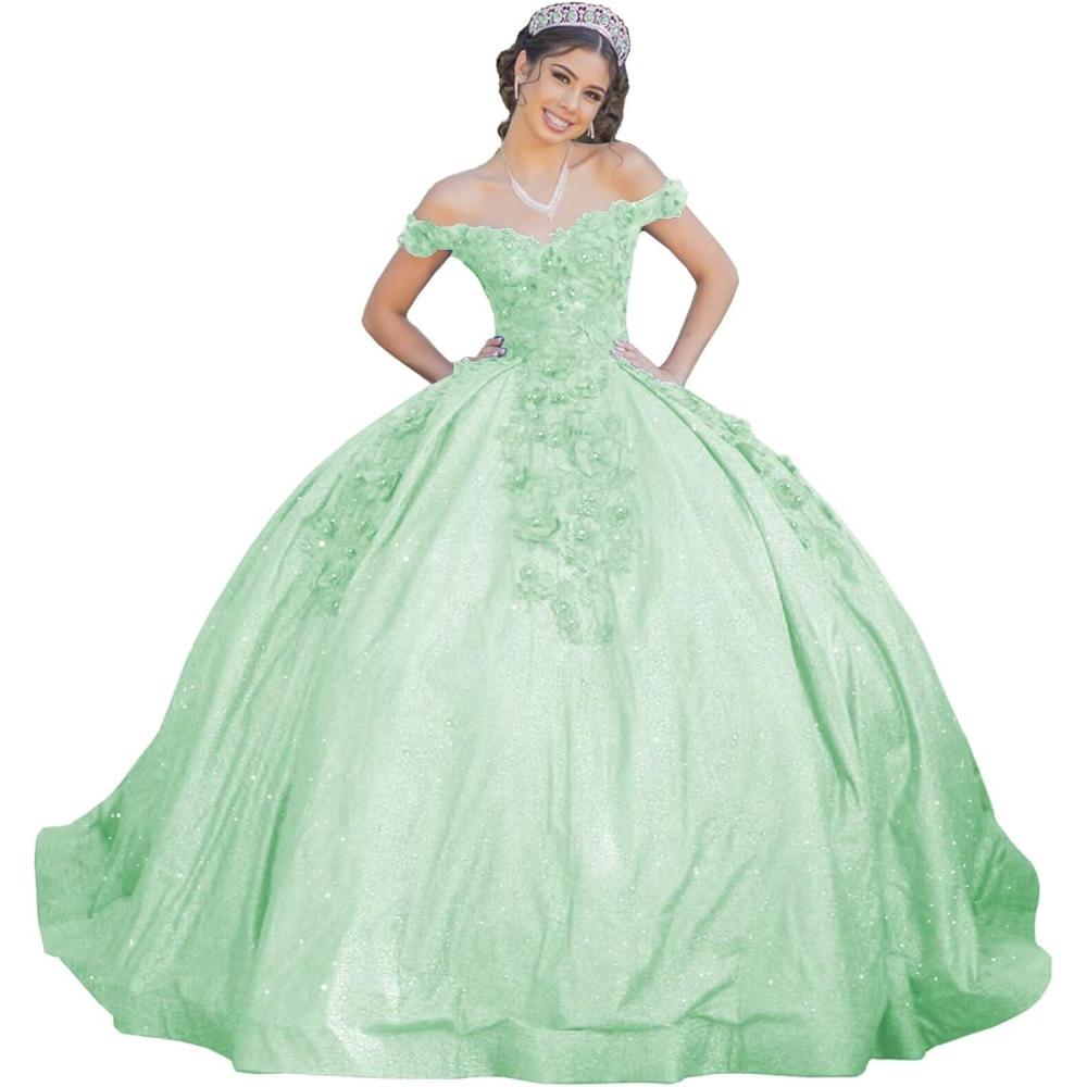 imageYoujiayi Womens 3D Floral Quinceanera Dresses Long Puffy Tulle Ball Gowns Off Shoulder Prom Dress YJY69Mint