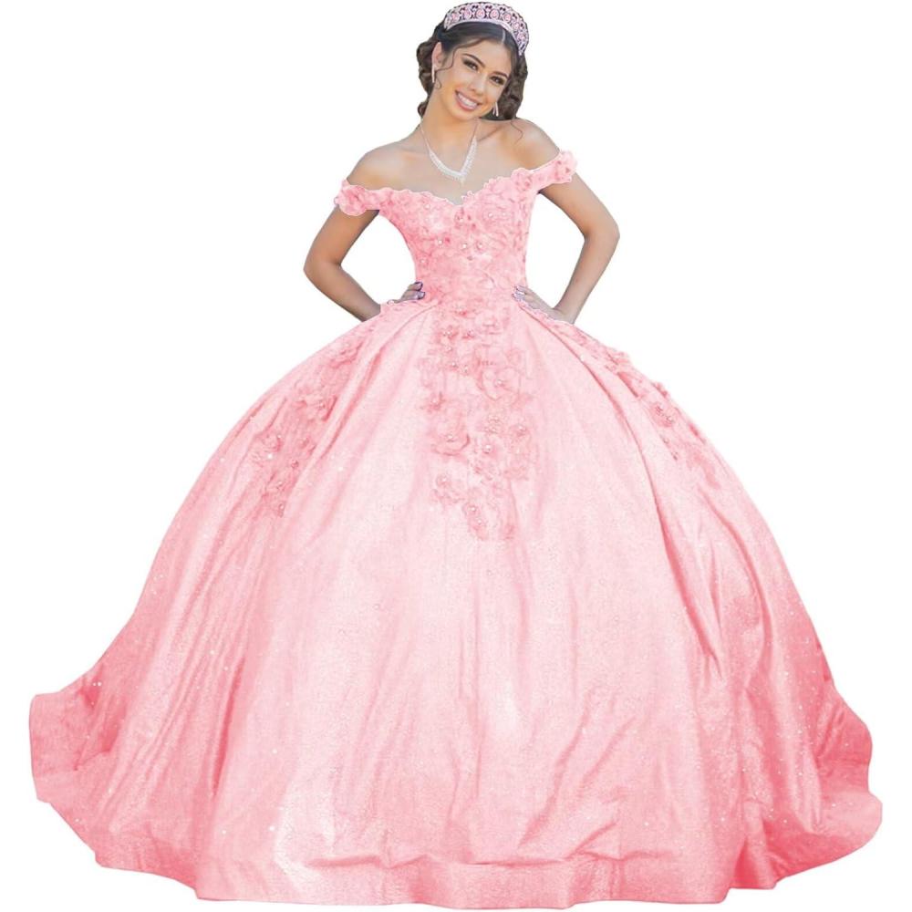 imageYoujiayi Womens 3D Floral Quinceanera Dresses Long Puffy Tulle Ball Gowns Off Shoulder Prom Dress YJY69Pink
