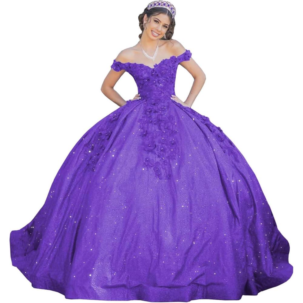 imageYoujiayi Womens 3D Floral Quinceanera Dresses Long Puffy Tulle Ball Gowns Off Shoulder Prom Dress YJY69Purple