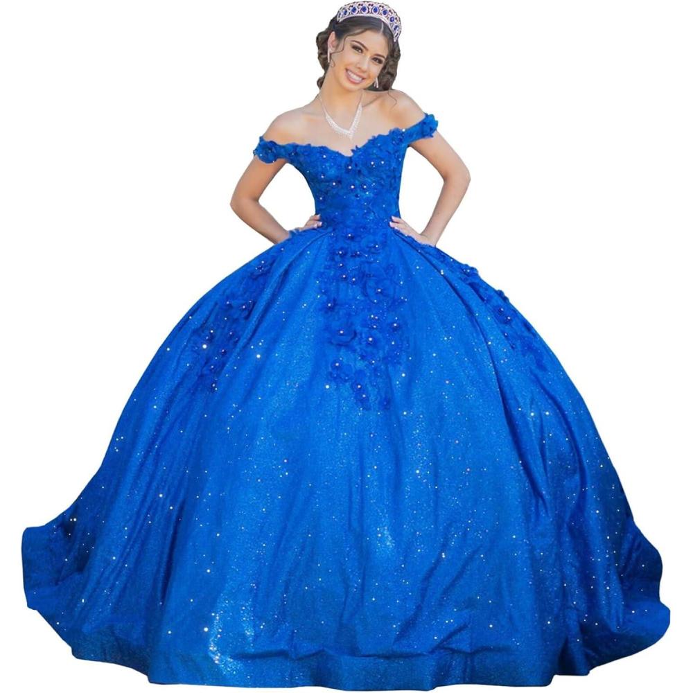 imageYoujiayi Womens 3D Floral Quinceanera Dresses Long Puffy Tulle Ball Gowns Off Shoulder Prom Dress YJY69Royal Blue