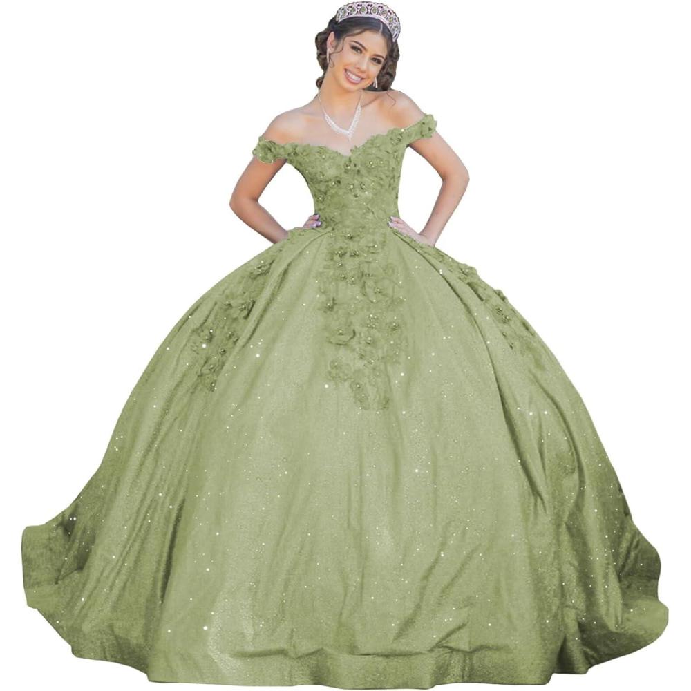 imageYoujiayi Womens 3D Floral Quinceanera Dresses Long Puffy Tulle Ball Gowns Off Shoulder Prom Dress YJY69Sage