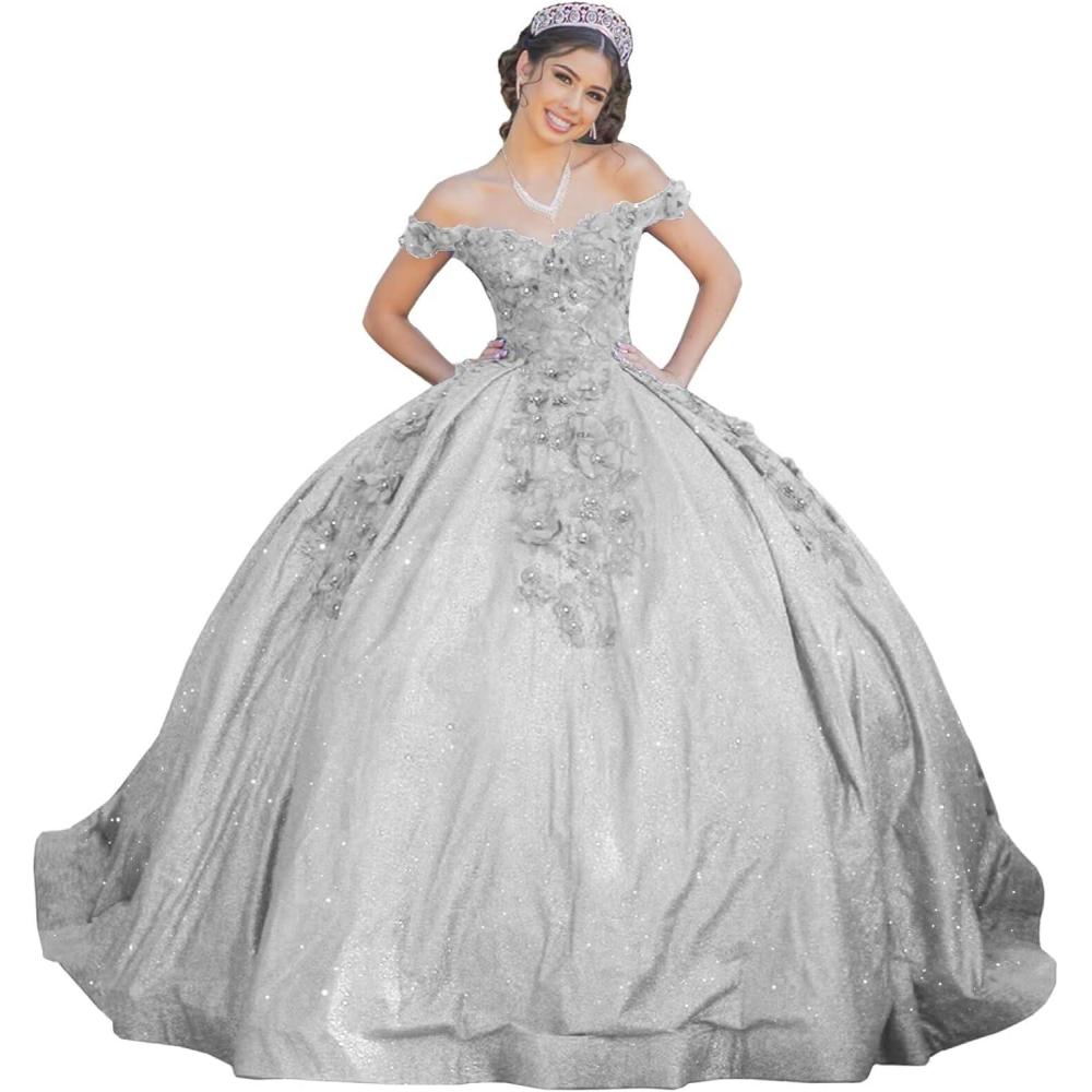 imageYoujiayi Womens 3D Floral Quinceanera Dresses Long Puffy Tulle Ball Gowns Off Shoulder Prom Dress YJY69Silver