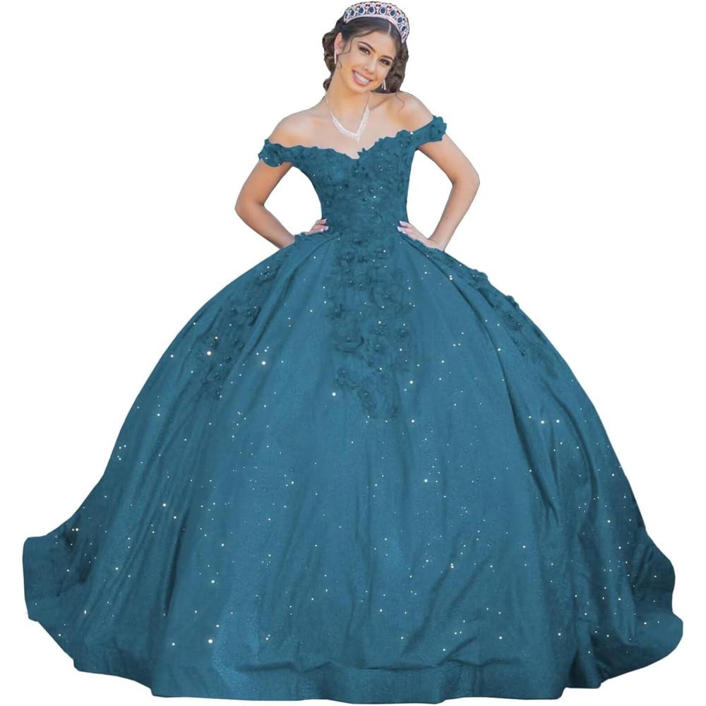 imageYoujiayi Womens 3D Floral Quinceanera Dresses Long Puffy Tulle Ball Gowns Off Shoulder Prom Dress YJY69Teal