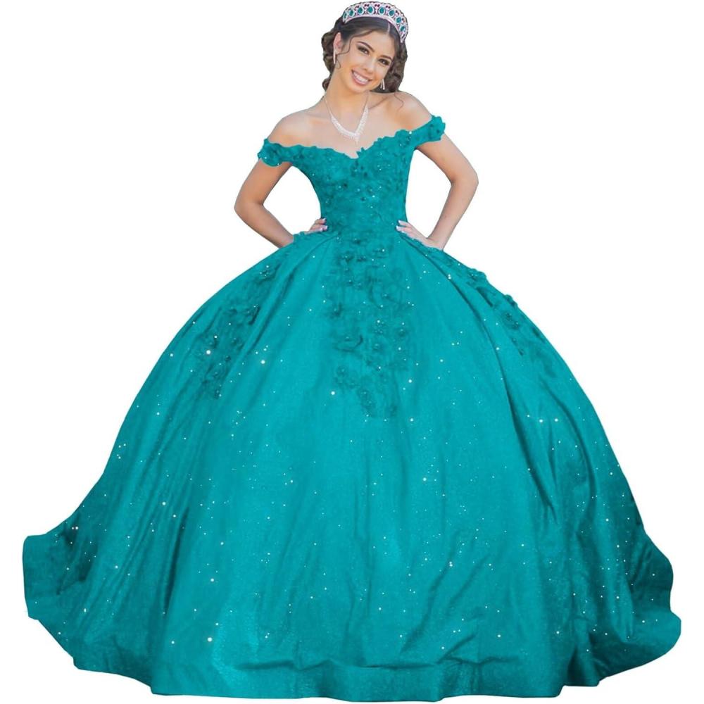 imageYoujiayi Womens 3D Floral Quinceanera Dresses Long Puffy Tulle Ball Gowns Off Shoulder Prom Dress YJY69Turquoise