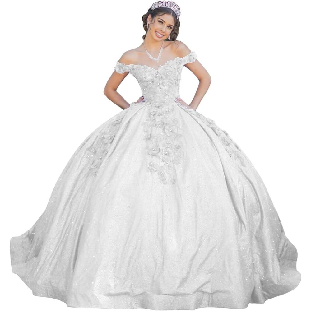 imageYoujiayi Womens 3D Floral Quinceanera Dresses Long Puffy Tulle Ball Gowns Off Shoulder Prom Dress YJY69White