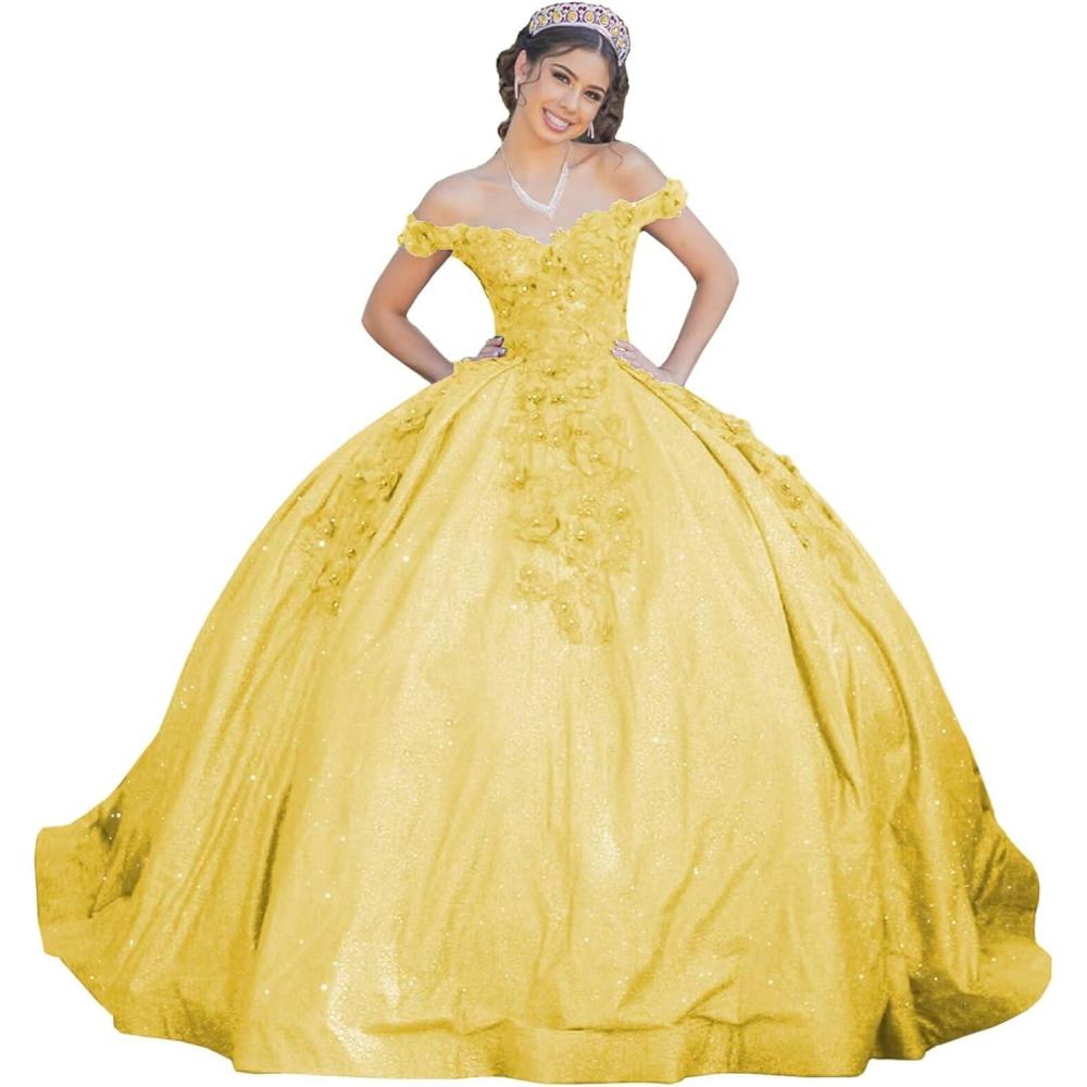 imageYoujiayi Womens 3D Floral Quinceanera Dresses Long Puffy Tulle Ball Gowns Off Shoulder Prom Dress YJY69Yellow