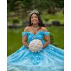 imageYoujiayi Princess Off Shoulder Quinceanera Dresses Puffy Tulle Sweet 16 Dress with Train Lace Beaded Long Ball Gown for WomenTurquoise