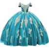 imageYoujiayi Gold Appliques Quinceanera Dresses with Train Puffy Lace Tulle Sweet 16 Dresses Sparkly Off Shoulder Long Ball GownBlue