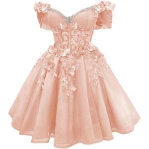 imageYoujiayi 3D Butterfly Short Homecoming Dresses Lace Sequin DAMA Dress for Quinceanera Off Shoulder Short Prom Gown for TeensBlush Pink