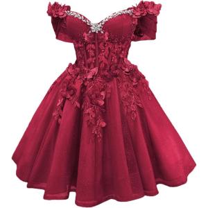 imageYoujiayi 3D Butterfly Short Homecoming Dresses Lace Sequin DAMA Dress for Quinceanera Off Shoulder Short Prom Gown for TeensBurgundy