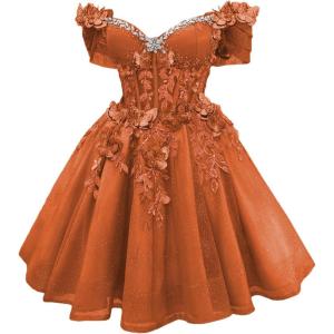 imageYoujiayi 3D Butterfly Short Homecoming Dresses Lace Sequin DAMA Dress for Quinceanera Off Shoulder Short Prom Gown for TeensBurnt Orange