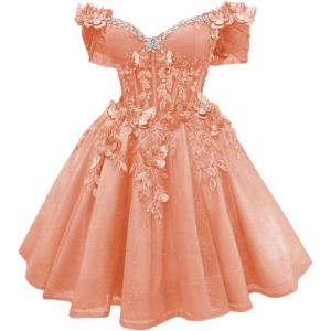 imageYoujiayi 3D Butterfly Short Homecoming Dresses Lace Sequin DAMA Dress for Quinceanera Off Shoulder Short Prom Gown for TeensCoral