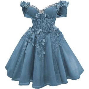 imageYoujiayi 3D Butterfly Short Homecoming Dresses Lace Sequin DAMA Dress for Quinceanera Off Shoulder Short Prom Gown for TeensDusty Blue