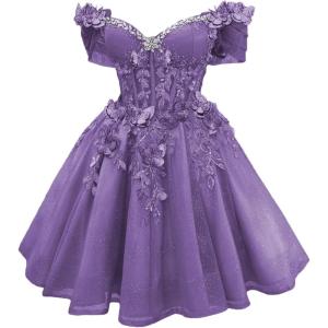 imageYoujiayi 3D Butterfly Short Homecoming Dresses Lace Sequin DAMA Dress for Quinceanera Off Shoulder Short Prom Gown for TeensDusty Purple