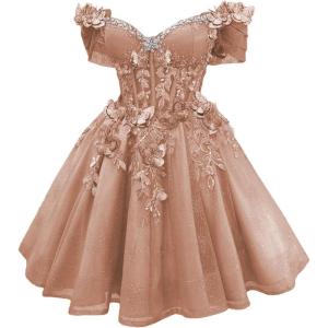 imageYoujiayi 3D Butterfly Short Homecoming Dresses Lace Sequin DAMA Dress for Quinceanera Off Shoulder Short Prom Gown for TeensDusty Rose
