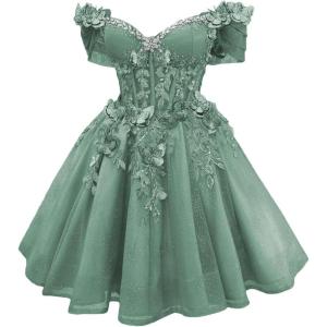 imageYoujiayi 3D Butterfly Short Homecoming Dresses Lace Sequin DAMA Dress for Quinceanera Off Shoulder Short Prom Gown for TeensDusty Sage