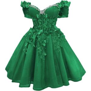 imageYoujiayi 3D Butterfly Short Homecoming Dresses Lace Sequin DAMA Dress for Quinceanera Off Shoulder Short Prom Gown for TeensEmerald Green