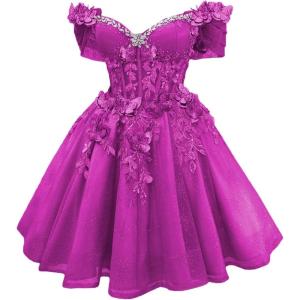 imageYoujiayi 3D Butterfly Short Homecoming Dresses Lace Sequin DAMA Dress for Quinceanera Off Shoulder Short Prom Gown for TeensFuchsia