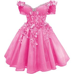 imageYoujiayi 3D Butterfly Short Homecoming Dresses Lace Sequin DAMA Dress for Quinceanera Off Shoulder Short Prom Gown for TeensHot Pink