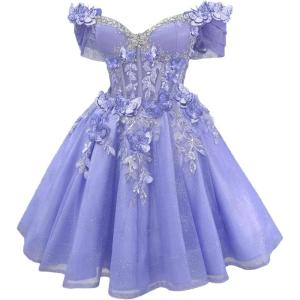 imageYoujiayi 3D Butterfly Short Homecoming Dresses Lace Sequin DAMA Dress for Quinceanera Off Shoulder Short Prom Gown for TeensLavender