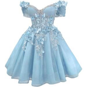 imageYoujiayi 3D Butterfly Short Homecoming Dresses Lace Sequin DAMA Dress for Quinceanera Off Shoulder Short Prom Gown for TeensLight Blue