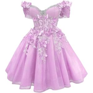 imageYoujiayi 3D Butterfly Short Homecoming Dresses Lace Sequin DAMA Dress for Quinceanera Off Shoulder Short Prom Gown for TeensLilac