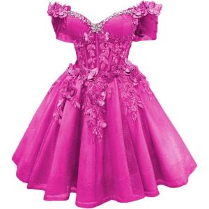imageYoujiayi 3D Butterfly Short Homecoming Dresses Lace Sequin DAMA Dress for Quinceanera Off Shoulder Short Prom Gown for TeensMagenta