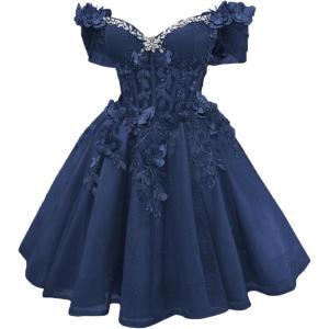 imageYoujiayi 3D Butterfly Short Homecoming Dresses Lace Sequin DAMA Dress for Quinceanera Off Shoulder Short Prom Gown for TeensNavy