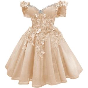 imageYoujiayi 3D Butterfly Short Homecoming Dresses Lace Sequin DAMA Dress for Quinceanera Off Shoulder Short Prom Gown for TeensPeach
