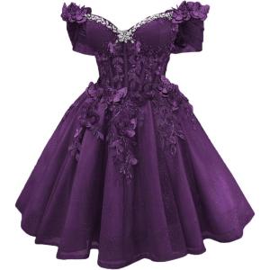 imageYoujiayi 3D Butterfly Short Homecoming Dresses Lace Sequin DAMA Dress for Quinceanera Off Shoulder Short Prom Gown for TeensPlum
