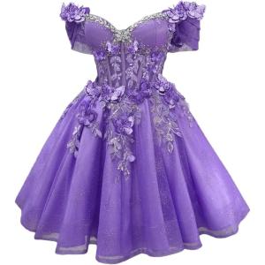 imageYoujiayi 3D Butterfly Short Homecoming Dresses Lace Sequin DAMA Dress for Quinceanera Off Shoulder Short Prom Gown for TeensPurple