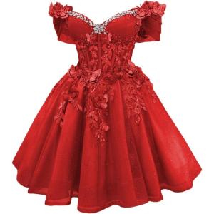 imageYoujiayi 3D Butterfly Short Homecoming Dresses Lace Sequin DAMA Dress for Quinceanera Off Shoulder Short Prom Gown for TeensRed