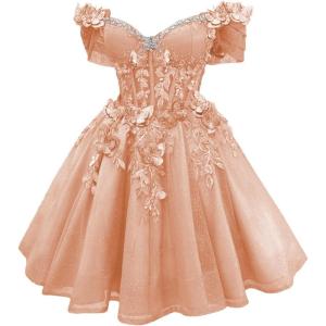 imageYoujiayi 3D Butterfly Short Homecoming Dresses Lace Sequin DAMA Dress for Quinceanera Off Shoulder Short Prom Gown for TeensRose Gold