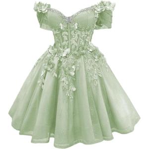 imageYoujiayi 3D Butterfly Short Homecoming Dresses Lace Sequin DAMA Dress for Quinceanera Off Shoulder Short Prom Gown for TeensSage