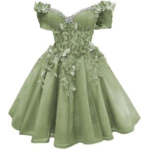 imageYoujiayi 3D Butterfly Short Homecoming Dresses Lace Sequin DAMA Dress for Quinceanera Off Shoulder Short Prom Gown for TeensSage Green