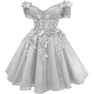 imageYoujiayi 3D Butterfly Short Homecoming Dresses Lace Sequin DAMA Dress for Quinceanera Off Shoulder Short Prom Gown for TeensSilver
