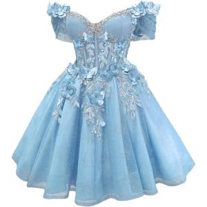 imageYoujiayi 3D Butterfly Short Homecoming Dresses Lace Sequin DAMA Dress for Quinceanera Off Shoulder Short Prom Gown for TeensSky Blue