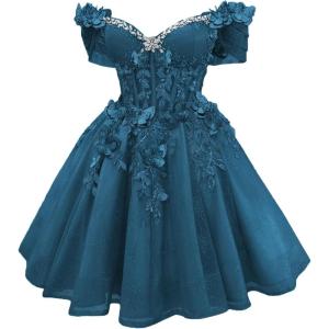 imageYoujiayi 3D Butterfly Short Homecoming Dresses Lace Sequin DAMA Dress for Quinceanera Off Shoulder Short Prom Gown for TeensTeal