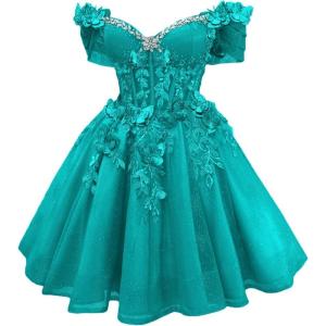 imageYoujiayi 3D Butterfly Short Homecoming Dresses Lace Sequin DAMA Dress for Quinceanera Off Shoulder Short Prom Gown for TeensTurquoise