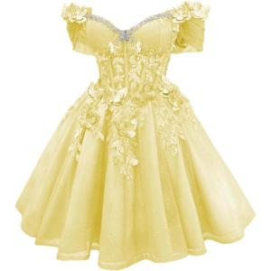 imageYoujiayi 3D Butterfly Short Homecoming Dresses Lace Sequin DAMA Dress for Quinceanera Off Shoulder Short Prom Gown for TeensYellow