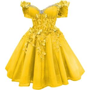 imageYoujiayi 3D Butterfly Short Homecoming Dresses Lace Sequin DAMA Dress for Quinceanera Off Shoulder Short Prom Gown for TeensYellow Dark