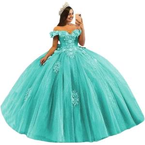 imageYoujiayi 3D Floral Quinceanera Dresses with Bow Off Shoulder Beaded Sweet 16 Dresses Puffy Lace Appliques Long Ball GownAqua